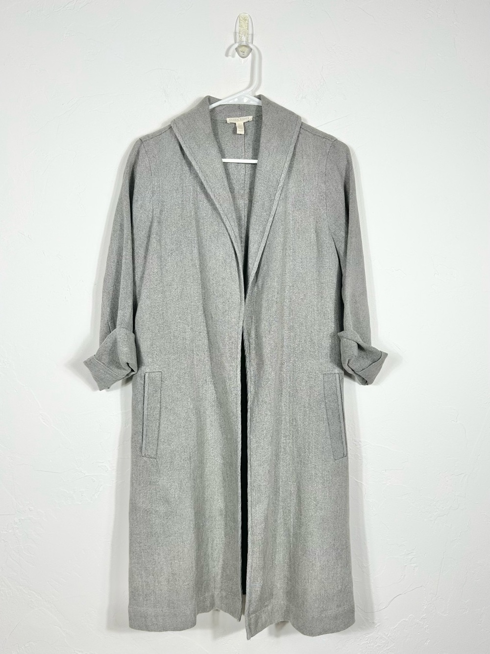 Eileen Fisher Gray‎ Herringbone Organic Linen Open Front Shawl Duster Coat
